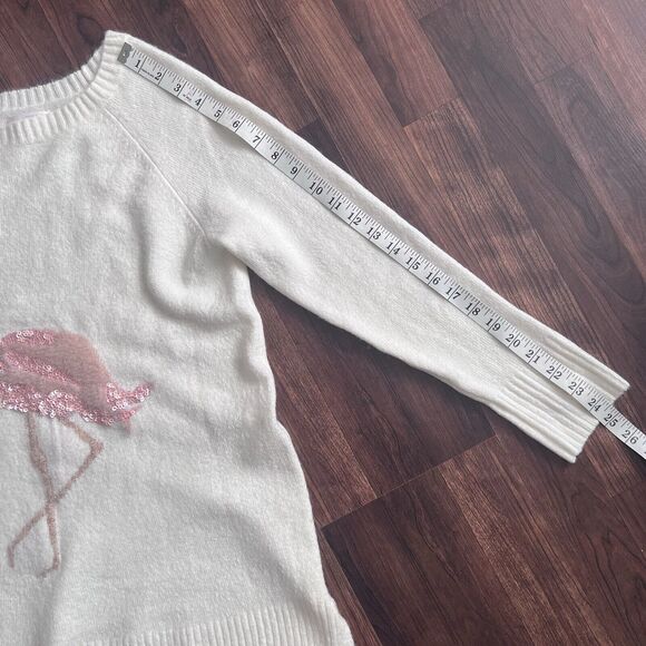 Lauren Conrad Sweater Medium Sequin Flamingo White Crewneck Split Sides Bling - Picture 5 of 8